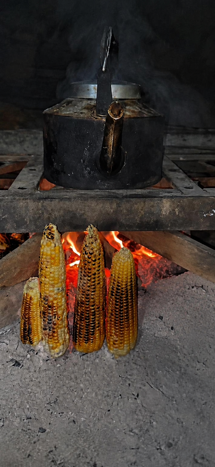 Roasted maize beside a traditional cooking fire, representing local food production and food security 1